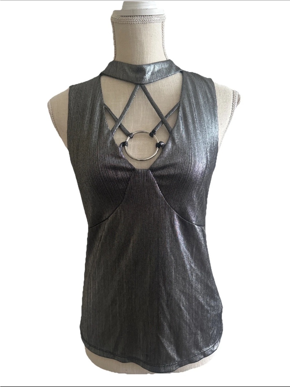 Lily Black Top Medium Strappy Choker Metallic Silver Sleeveless Rave Club Y2K